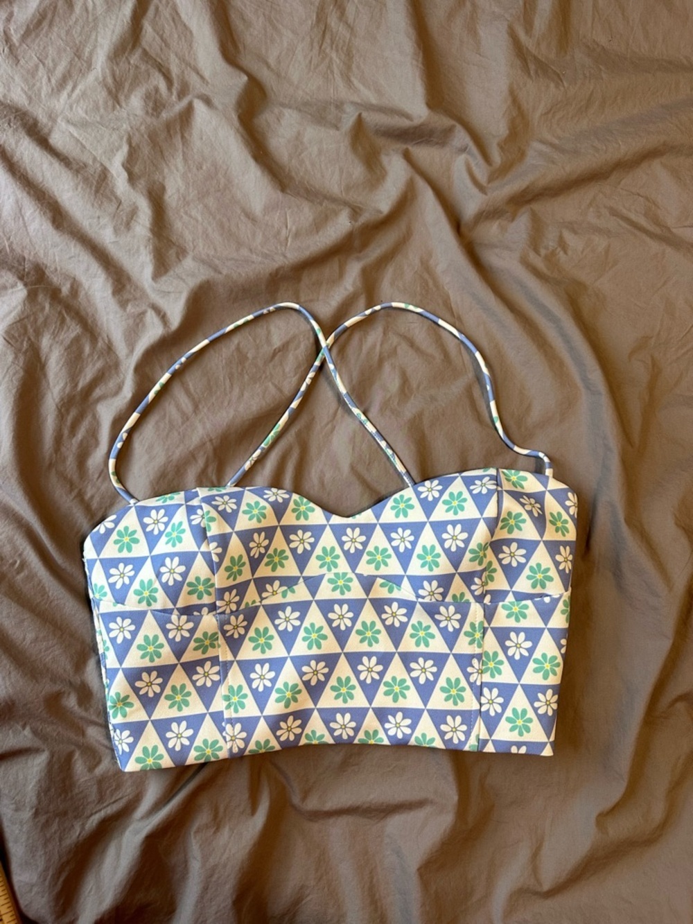Zara Blue White Daisy Geometric Print 70’s Crop Top Womens Size Medium Retro